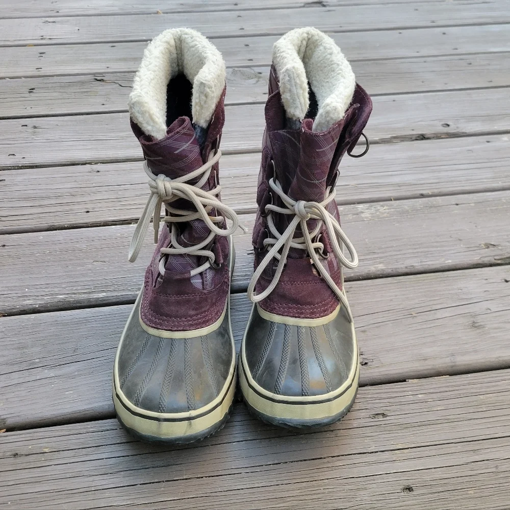 Sorel 1964 Pac Purple White Plaid Leather Sherpa Pile Winter Snow Duck Boots‎